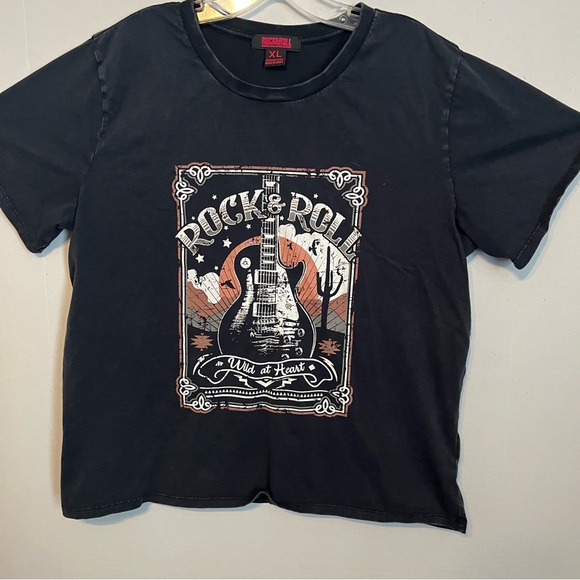 Rock and roll denim graphic T-shirt, extra large black. - Picture 1 of 7